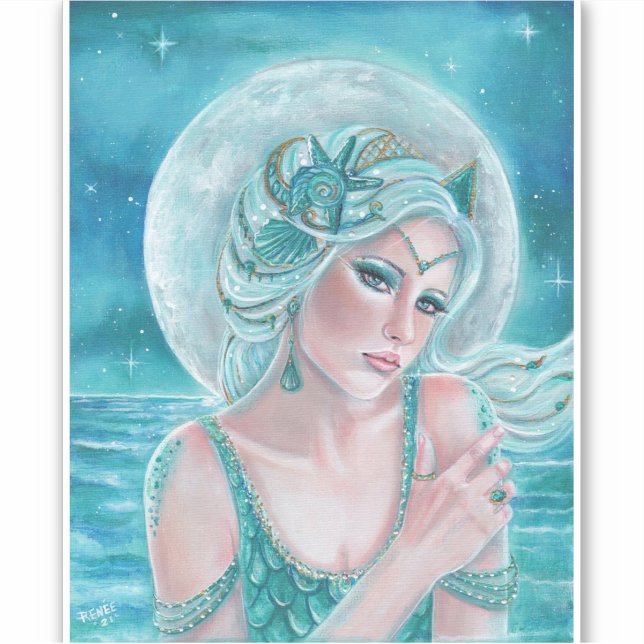 Sticker Luna moon goddess mermaid art par Renee L. Lavoie (Devant)