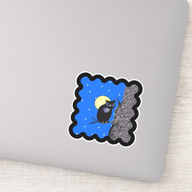 Sticker Lune Étoile Chouette Noire Assise dans l'Arbre Bor (Détail)