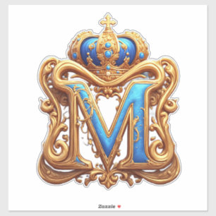 Sticker M en lettre dorée ornée avec cadre et couronne