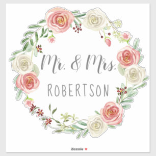 Sticker M. et Mme Mariage Aquarelle Rose Floral Wreath