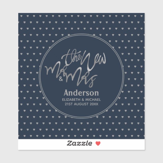 Sticker M. & Mme Mariage Marine Blue Silver Love Hearts (Feuille)