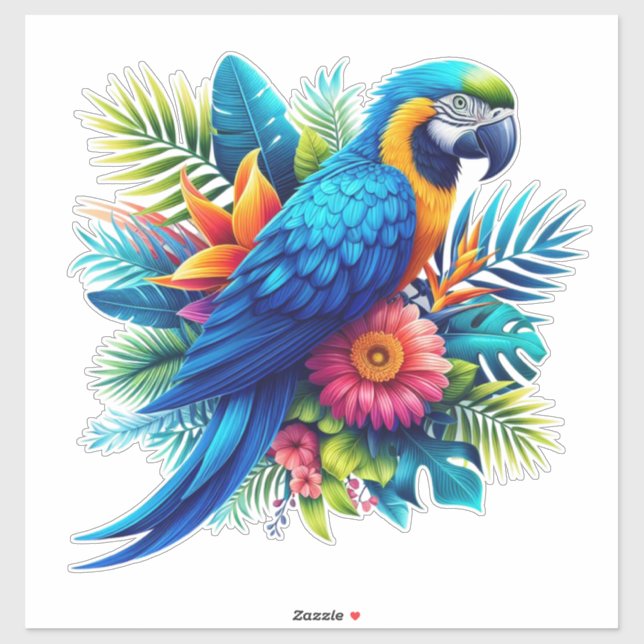 Sticker Macaw tropicale bleue et colorée (Feuille)