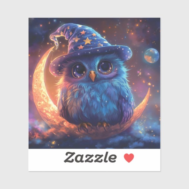 Sticker Magic Owl Wizard on the Moon : Magical Imaginaire  (Feuille)
