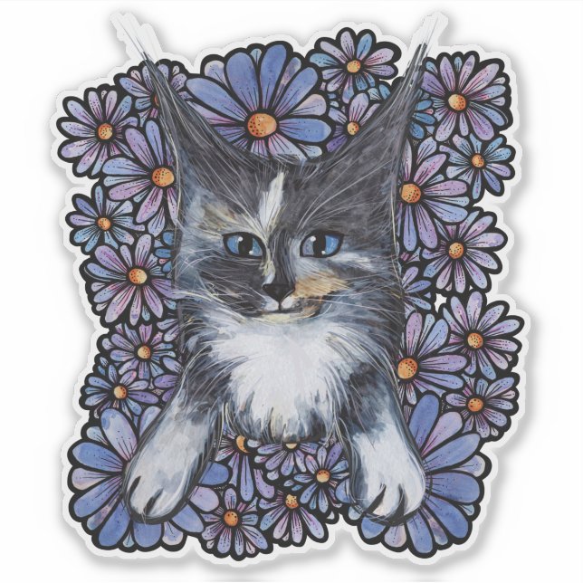 Sticker Maine Coon Dilute Calico Cat Purple Daisy (Devant)