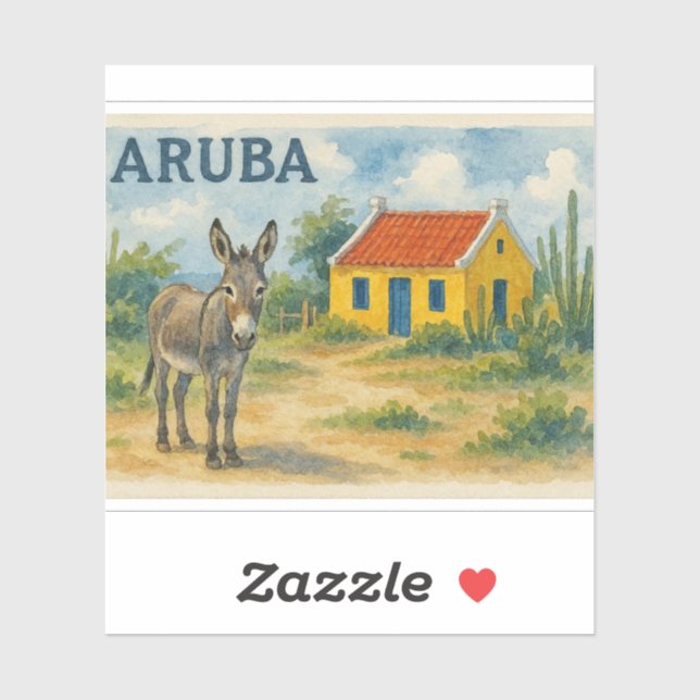 Sticker Maison cunucu jaune d'Aruba à l'aquarelle avec âne (Feuille)
