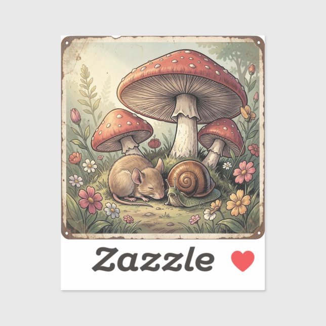 Sticker Maison de Campagne Rétro Champignons et Faune (Feuille)