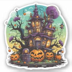Sticker Maison d'Halloween violet blanc