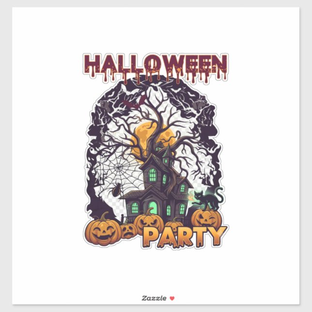 Sticker Maison Hantée Arbre Citrouilles Noir Fête Hallowee (Feuille)