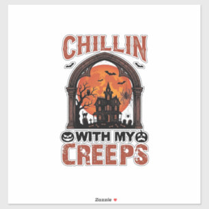 Sticker Maison hantée Halloween Chillin Creeps Lune Orange