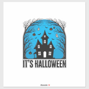Sticker Maison Hantée Halloween Lune Gravure Vintage Dés