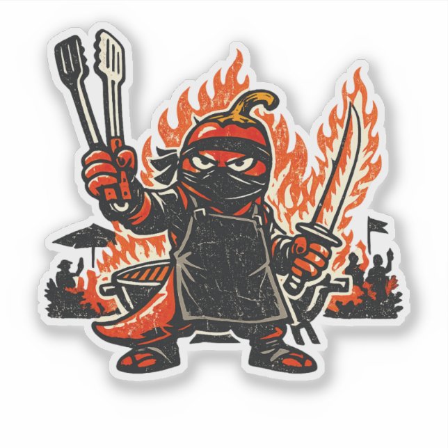 Sticker Maître Ninja BBQ Chili — Feu d'Été Vintage  (Devant)