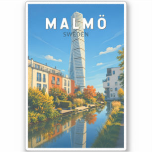Sticker Malmö Suède Illustration Voyage Art Vintage