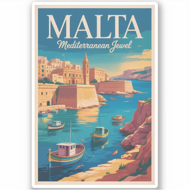 Sticker Malta Coast Illustration Travel Art Vintage (Devant)