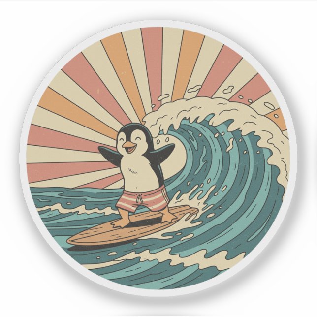 Sticker Manchot surfeur rétro - Ambiance de plage estivale (Devant)