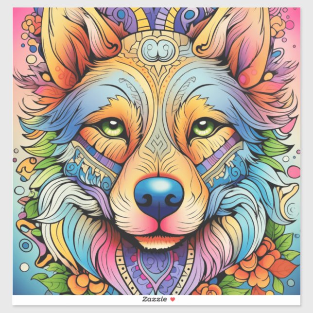Sticker Mandala Wolf with Floral Accents (Feuille)