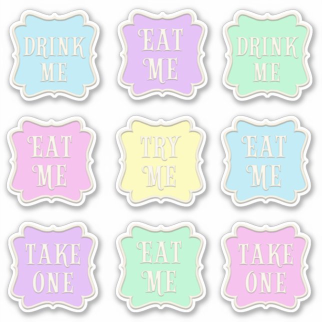 Sticker "Mange-moi" "Bois-moi" Wonderland Tea Party Pastel (Devant)