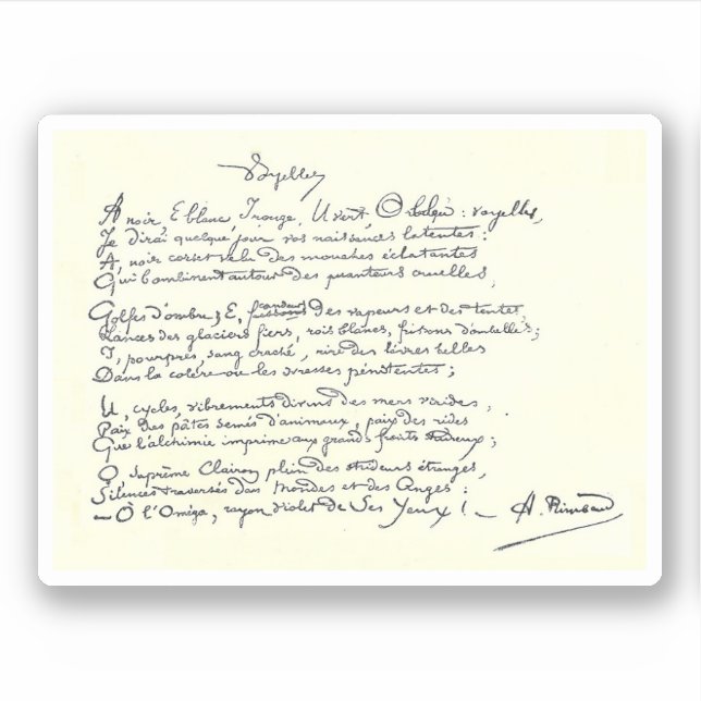 Sticker Manuscrit autographe de Voyelles (Rimbaud) (Devant)