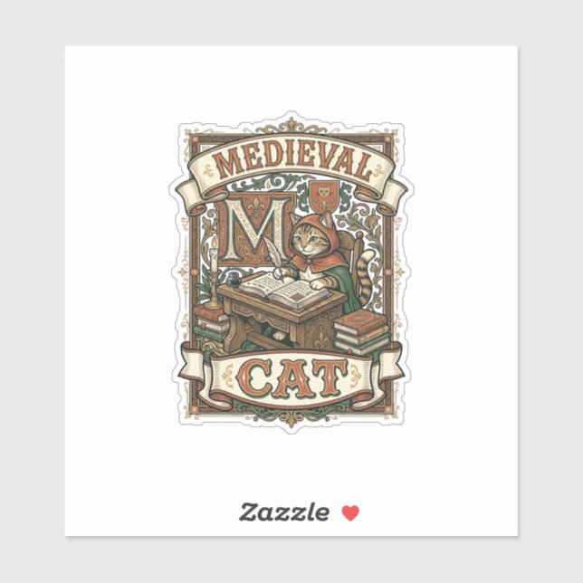 Sticker Manuscrit médiéval de chat médiéval vintage (Feuille)