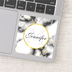 Sticker Marbre blanc moderne avec Monogramme de ruban or