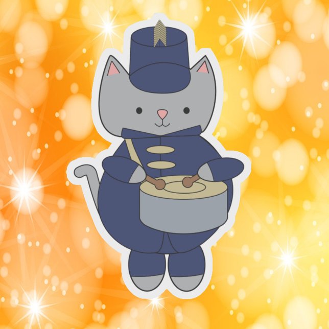 Sticker Marching Band Gray Cat Drum Navy Blue Gold (A die cut sticker of a cat playing a snare drum in a navy blue & gold marching band uniform.)