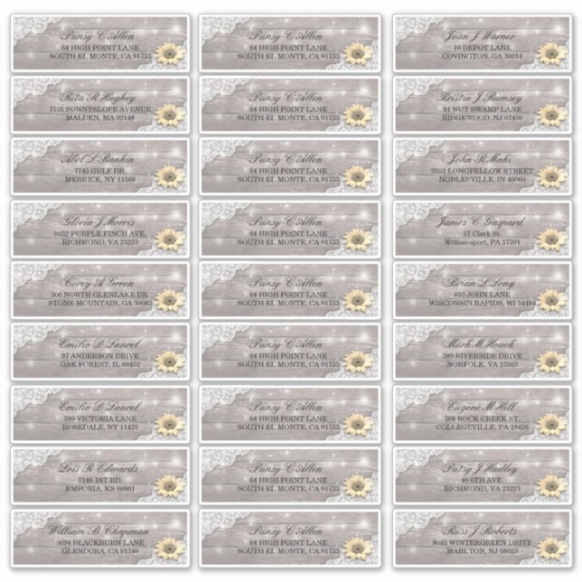 Sticker Mariage Adresse Dentelle Tournesol Bois Lumières (Devant)