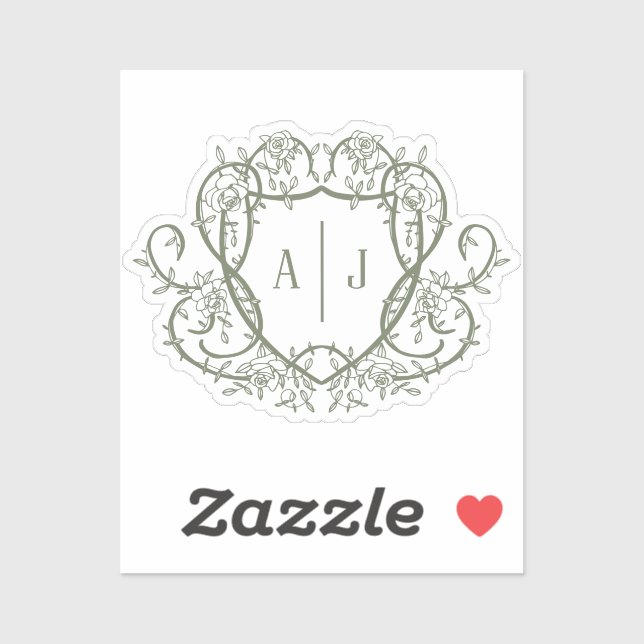 Sticker Mariage Armoirie Monogramme Sage Rose Débridée (Feuille)