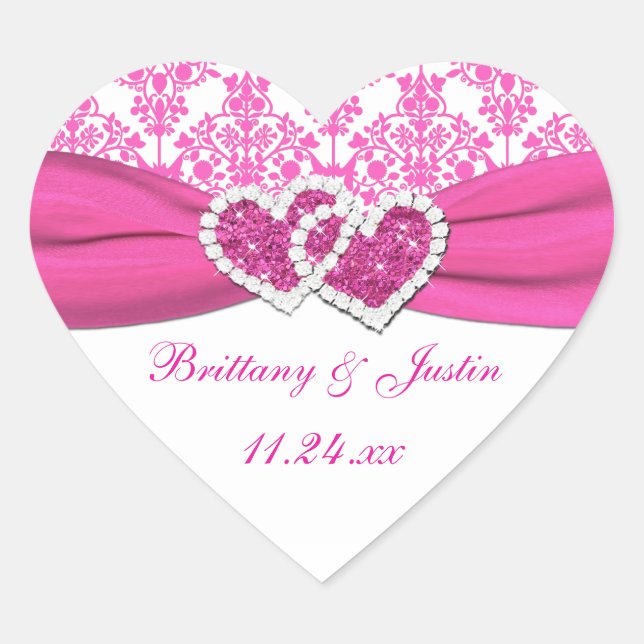Sticker Mariage Coeur rose, blanc Damas (Devant)