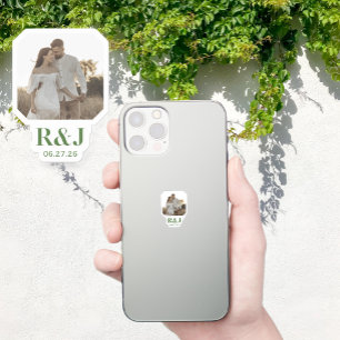 Sticker Mariage Couple Ajouter Photo Vert Monogramme
