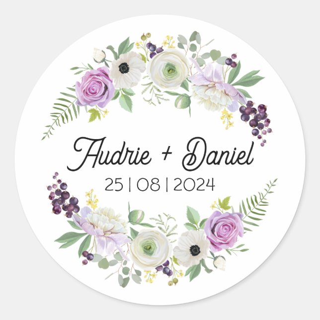Sticker Mariage de fleurs violettes et vertes (Devant)