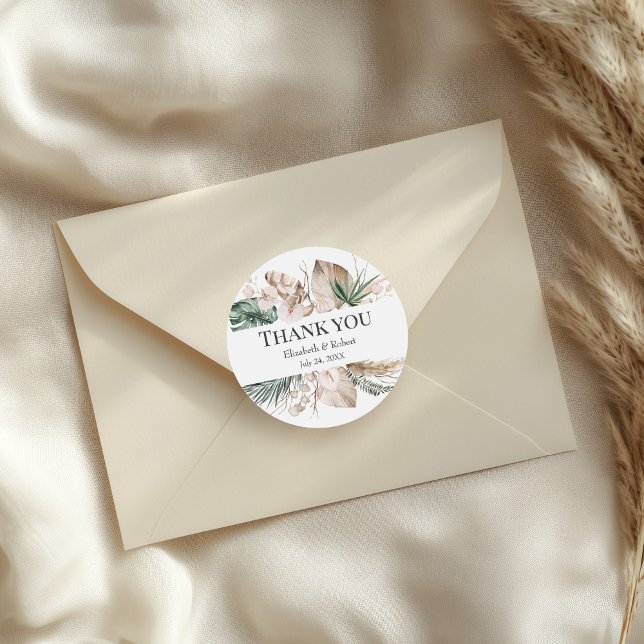 Sticker Mariage de l'orchidée tropicale Monstera (Tropical Orchid Monstera Wedding Thank You Sticker on a wedding envelope.)