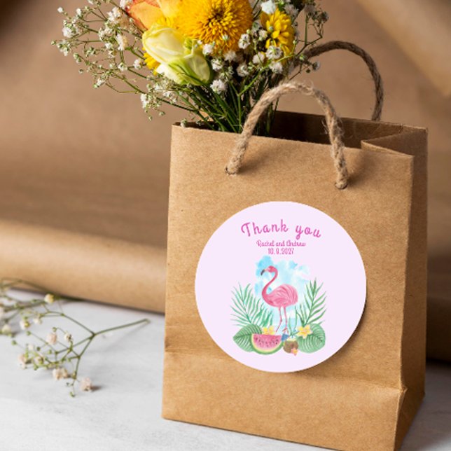 Sticker Mariage Flamant rose d'aquarelle tropicale (Tropical Watercolor Flamingo Wedding Sticker)