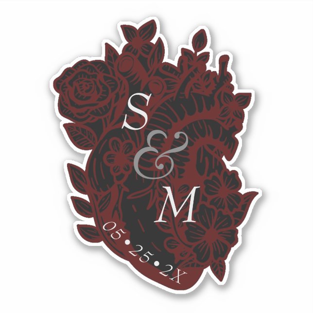 Sticker Mariage gothique rouge et noir des fleurs  (Devant)