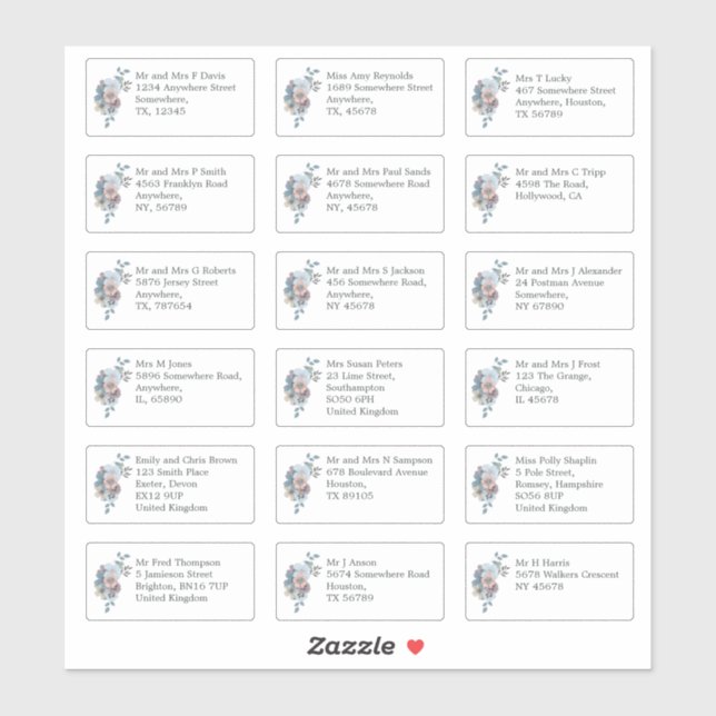 Sticker Mariage individuel Nom de l'invité Adresse Blue Fl (Feuille)