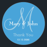 Sticker Mariage Merci bleu<br><div class="desc">Stickers initiaux avec nom de mariée et mariée, date du mariage et un message de remerciement à l'express de votre gratitude le jour de votre mariage ou toute occasion spéciale. .Plus de couleurs sont disponibles pour votre choix. Vous pouvez également customiser la couleur et la police à l'aide du bouton...</div>
