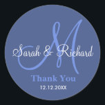 Sticker Mariage Merci bleu<br><div class="desc">Stickers initiaux avec nom de mariée et mariée, date du mariage et un message de remerciement à l'express de votre gratitude le jour de votre mariage ou toute occasion spéciale. .Cet autocollant monogramme mariage est en couleur Bleue.Plus de couleurs sont disponibles pour votre choix. Vous pouvez également customiser la couleur...</div>