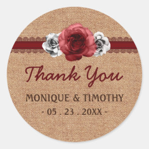 Sticker Mariage Merci en dentelle rouge Rose rusti