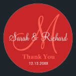 Sticker Mariage Merci rouge<br><div class="desc">Stickers initiaux avec nom de mariée et mariée, date du mariage et un message de remerciement à l'express de votre gratitude le jour de votre mariage ou toute occasion spéciale. .Ce sticker mariage monogramme est en couleur rouge.Plus de couleurs sont disponibles pour votre choix. Vous pouvez également customiser la couleur...</div>
