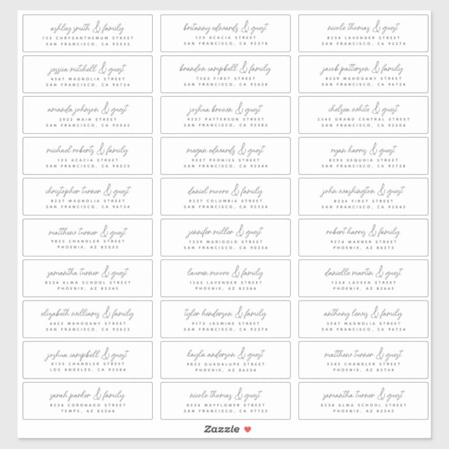 Sticker Mariage Moderne Simple Chic Invité Noms et Adresse (Feuille)