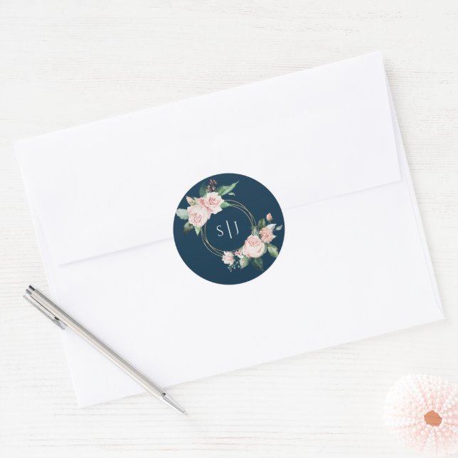 Sticker Mariage Monogramme Blush Floral Navy (Enveloppe)