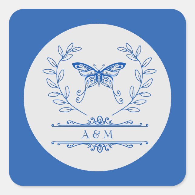 Sticker Mariage Monogramme Papillon Bleu (Devant)