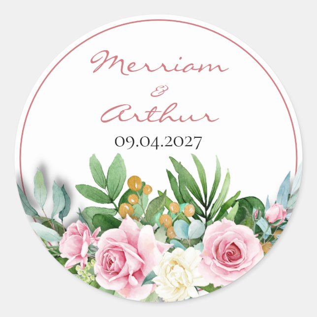 Sticker Mariage rond classique Roses roses (Devant)