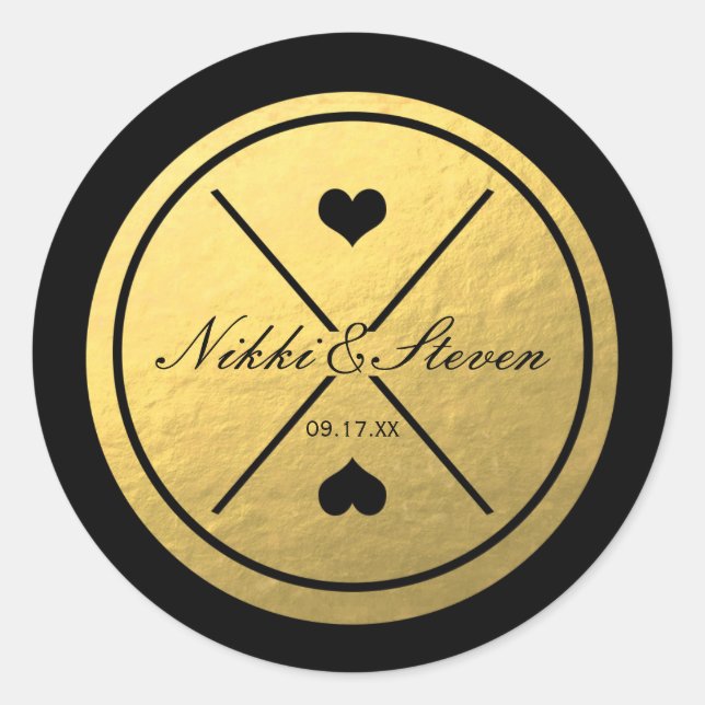 Sticker Mariage rond Coeur Noir & Or (Devant)
