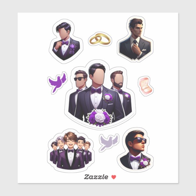 Sticker Marié et garçons d'honneur en violet  (Feuille)