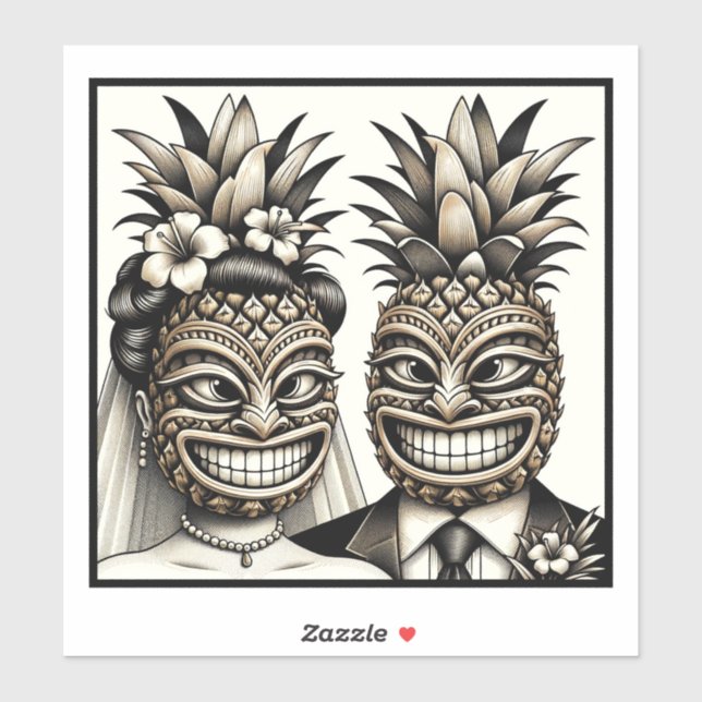 Sticker Mariée et fille Aloha Pineapple Tiki Mariage princ (Feuille)