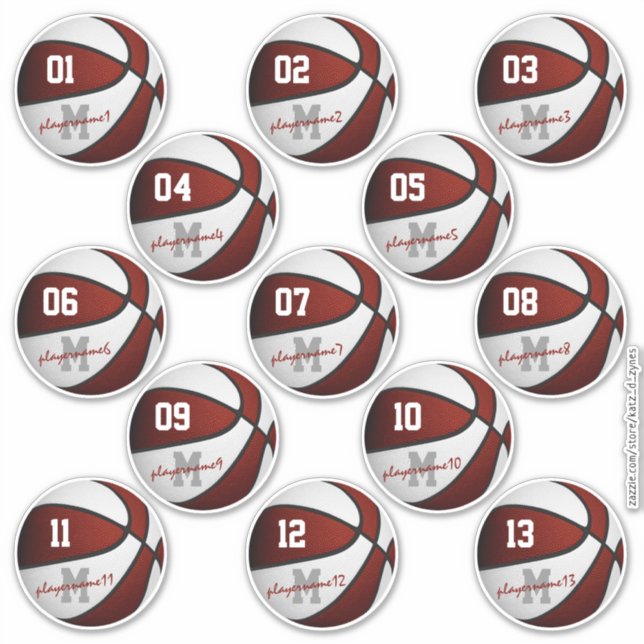 Sticker maroon blanc basketball coutume 13 joueurs noms (Devant)