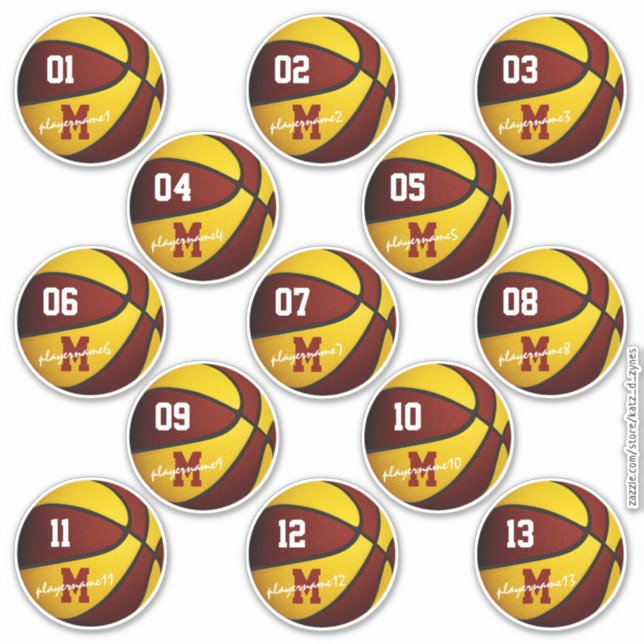 Sticker maroon or basketball coutume 13 joueurs noms (Devant)