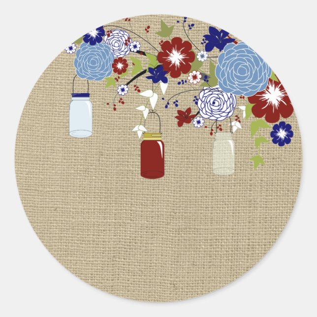 Sticker Mason Rouge et Bleu Grange Jar Faux Burlap (Devant)