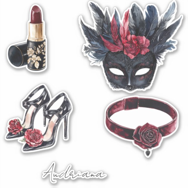 Sticker Masque à plumes blanches noires et bordeaux rouges (Devant)