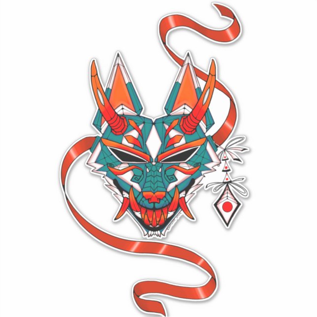 Sticker Masque renard japonais blanc orange vert (Devant)