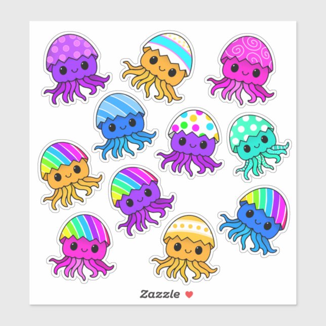 Sticker Méduses Kawaii Mignonnes, Œuf de Pâques, Planche d (Feuille)